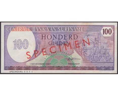 Centrale Bank van Suriname, specimen 100 Gulden, 1 November 1985, serial numbers 1234567890 and 0987654321, light staining, o