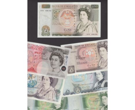 Bank of England, a group of notes including G.M. Gill, £50, prefix D73, along with £1 (3), £5 (6), £10 (4), £20 (3) and £50 (