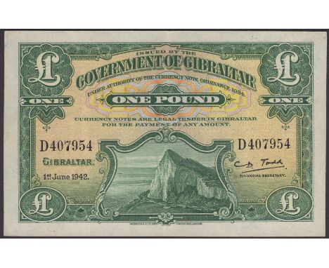 Government of Gibraltar, £1, 1 June 1942, serial number D407954, Charles Todd signature, one hard fold, and a couple light be