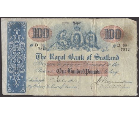 Royal Bank of Scotland, £100, 1 July 1940, serial number D/38/ 7512, two manuscript signatures, pen and ink graffiti at top c