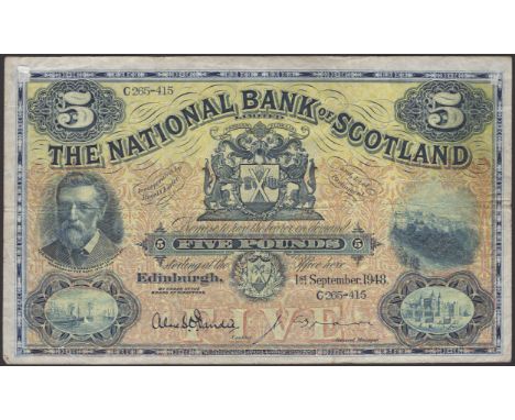 National Bank of Scotland Limited, £5, 1 October 1953, serial number V265-415, also Royal Bank of Scotland, £1, 30 November 1