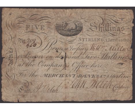 Merchant Bank & Co, 5 Shillings, Sterling, 1 January 1800, serial number 209/450, lamb top centre in oval frame, two manuscri