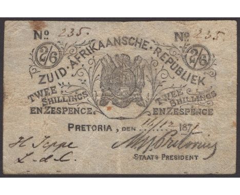 Zuid-Afrikaansche Republiek, good for 2 Shillings and 6 Pence, Pretoria, 16 December 1871, serial number 235, two manuscript 