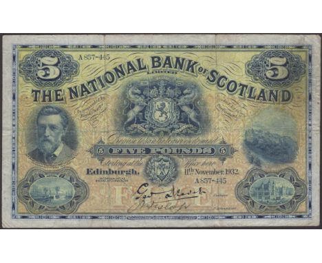 National Bank of Scotland Limited, £5, 11 November 1932, serial number A857-445, a printed signature of Drever and a manuscri