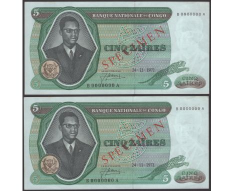 Banque Nationale du Congo, specimen 5 Zaires (2), 24 November 1971, serial number A000000A, with red SPECIMEN overprint, extr