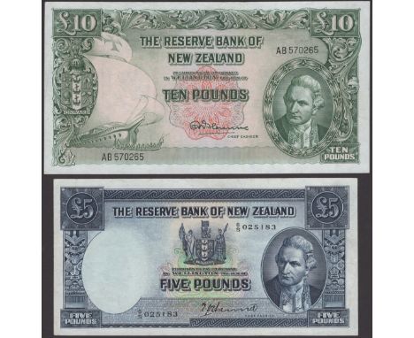 Reserve Bank of New Zealand, £5, ND (1940), serial number 6/S 025183, Thomas Hanna signature, and £10, ND (1957), Robert Flem