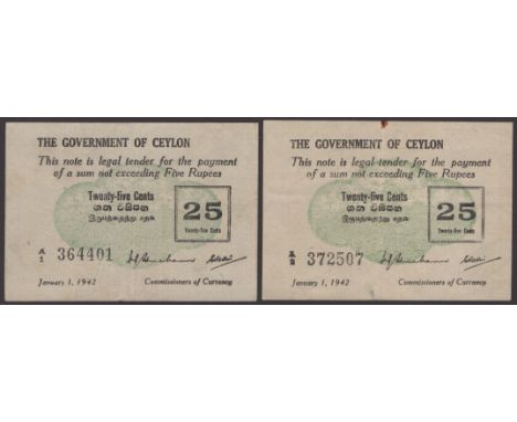 Government of Ceylon, 25 Cents (2), 1 January 1942, serial numbers A/1 364401 and A/2 372507, first extremely fine, second wi