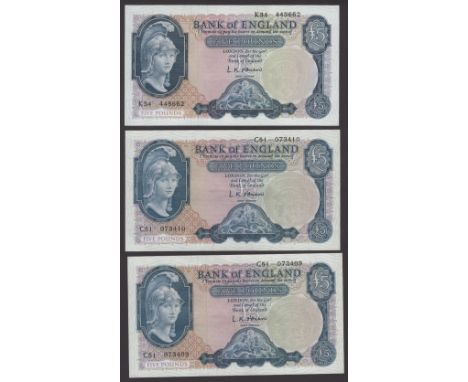 Bank of England, Leslie K. O’Brien, £5 (4), 21 February 1957, serial numbers D85 819544 and C51 073409-10, 12 July 1961, seri