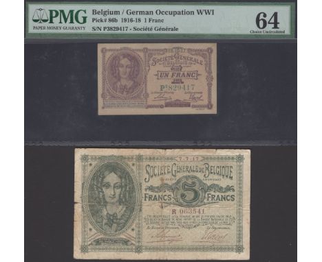 Societe Generale de Belgique, 1 Franc, 18 October 1917, serial number P3 823417, 5 Francs, 7 July 1917, serial number R063541