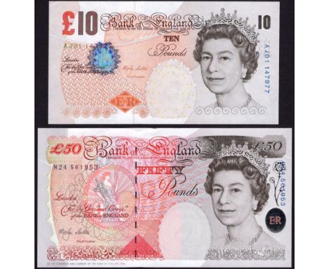 Bank of England, Merlyn V. Lowther, £50, 1999, serial number M24 561953, £10, 7 November 2000, serial number AJ01 147977, fir