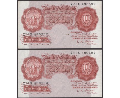 Bank of England, Leslie K. O’Brien, 10 Shillings (2), 21 November 1955, consecutive serial numbers Z01X 480592-93, the first 