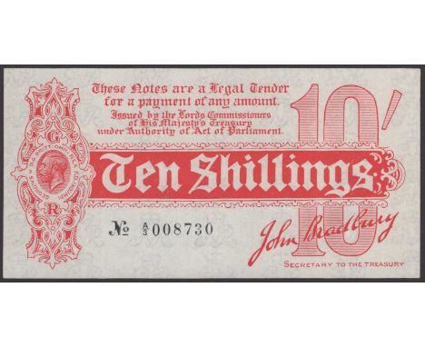 Treasury Series, John Bradbury, 10 Shillings, 14 August 1914, serial number A/3 008730, three light vertical bends, about ext
