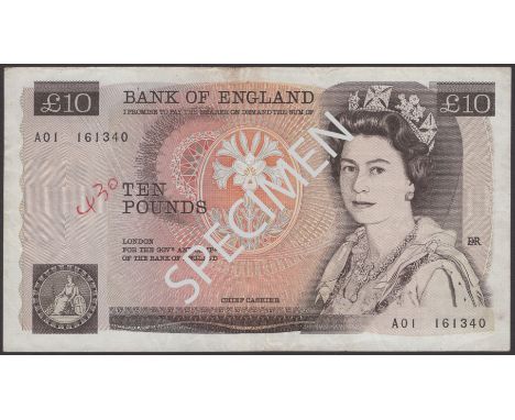 ERROR: Bank of England, John B. Page, £10, 1975, serial number A01 161340, cashiers signature missing, graffiti numeral at le