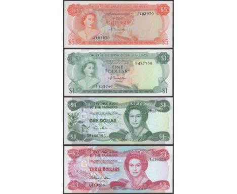Central Bank of the Bahamas, $1, 1974, serial number K/1 437706, $5, 1974, serial number J193970, Donaldson signature, $1, 19