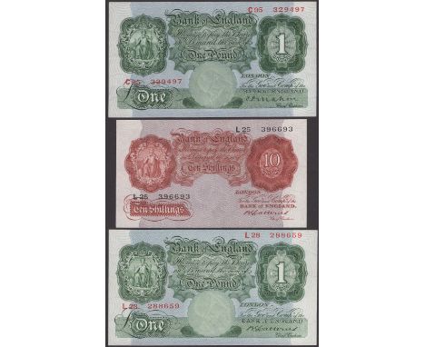 Bank of England, Cyril P. Mahon, £1, 22 November 1928, serial number C95 329497, also Basil G. Catterns, 10 Shillings and £1,