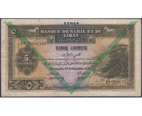 Banque de Syria et du Liban, Lebanon, 5 Livres, 1 September 1939, serial number K/AT 098,183, green chevron overprint, staple