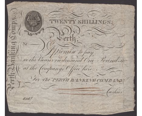 Perth Banking Company, specimen £1, 18-, no serial number, Perth arms at top left, TWENTY SHILLINGS in decorative text at top