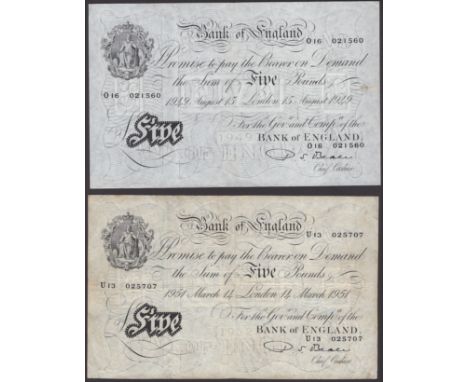 Bank of England, Percival S. Beale, £5 (2), 15 August 1949, serial numbers O16 021560 and U13 025707, first extremely fine, s