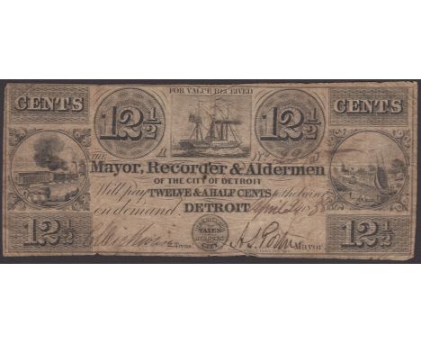 Detroit, MI, Mayor, Recorder & Aldermen, 12 1/2 Cents, 24 April 1838, serial number 2295, small holes at centre, very good to
