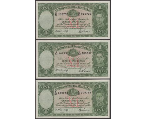 Commonwealth of Australia, £1 (3), ND (1942), consecutive serial numbers K/31 209736-38, Armitage and McFarlane signatures, l