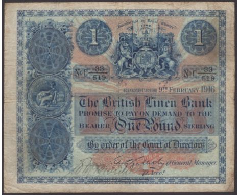 British Linen Bank, £1, 9th February 1916, serial number C 38/519, signatures of Galletly on behalf of manager and a manuscri