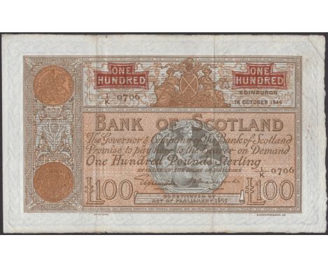 Bank of Scotland, £100, 16 October 1946, serial number 1/K 0706, Elphinstone and Crawford signature, a lovely clean example, 