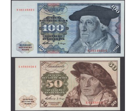 Deutsche Bundesbank, 50 and 100 Deutsche Mark, 2 January 1960, serial numbers K6868056E and N0814633G, also 100 Deutsche Mark