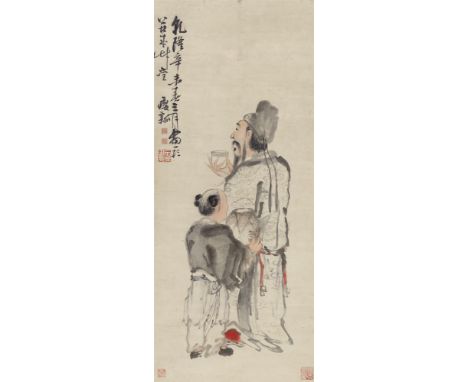   Nach Huang Shen  Li Bai beim Dichten mit Weinbecher. Hängerolle. Tusche und leichte Farben auf Papier. Aufschrift, bez.: Yi