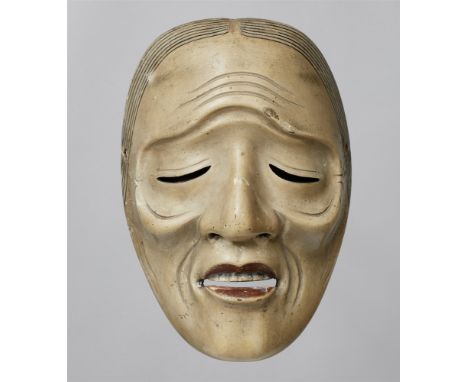   No-Maske vom Typ Uba. Holz, bemalt. Edo-Zeit  Sign. mit einem Siegel: Tenkaichi Zekan Maske einer greisen Frau mit nach obe