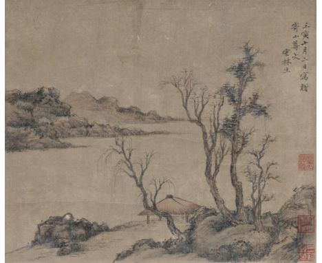   Ni Zan, in der Art  Flusslandschaft mit einem Pavillon. Hängerolle. Tusche und leichte Farben auf Papier. Aufschrift, zykli