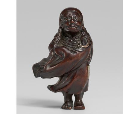   Daruma. Holz, Perlmuttter, Horn und Silber. Mitte 19. Jh.  Bez. auf rechteckigem Perlmutterplättchen: HôjitsuDer Zen-Patria