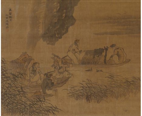  Nach Ma Lin  Fischer zwischen Schilf und Felsen. Hängerolle. Tusche und leichte Farbe auf Seide. Aufschrift, bez. und Siege