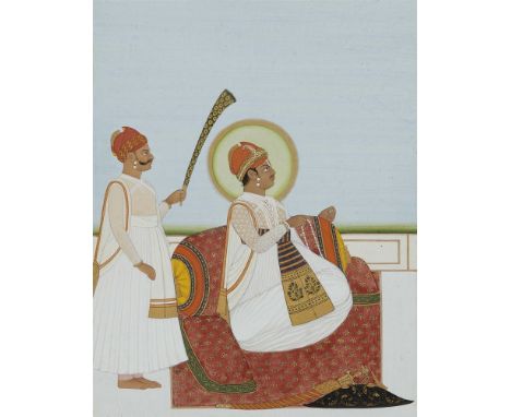   Anonyme Maler. Spätes 18./19. Jh.  Farben und Gold auf Papier. a) Portrait des Jai Singh III. von Jaipur, sitzend und an ei