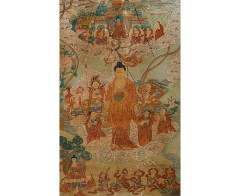   Thangka mit der Darstellung der Herabkunft des Buddha aus dem Tushita-Himmel. Nepal. 19./frühes 20.  Auf Wolken vor der Him