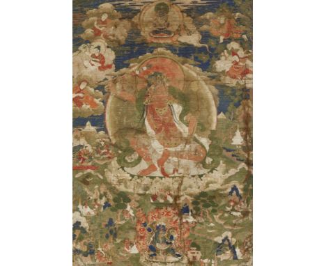   Thangka des Padmasambhava. Tibet. 18./19. Jh.  Im Zentrum dargestellt als Siddha und Yogi Nyima Öser, eine der acht Manifes