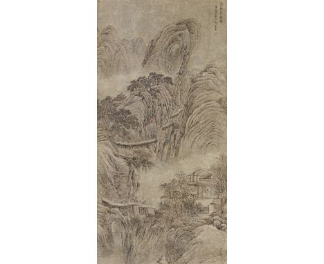   Nach Wang Meng  Klause und Reisende in Berglandschaft. Hängerolle. Tusche und leichte Farbe auf Papier. Aufschrift, zyklisc