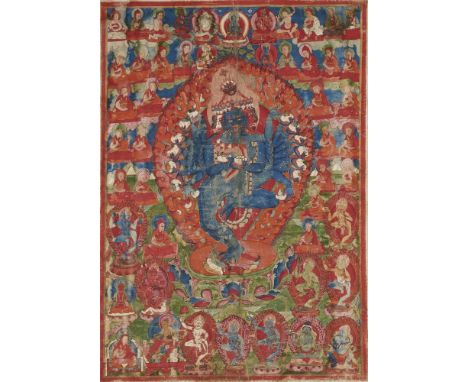   Bedeutendes Thangka des Hevajra mit Nairatmya. Tibet. 19. Jh.  Der Yidam tanzt in Vereinigung mit seiner Weisheitspartnerin
