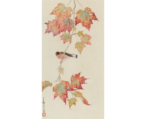   Wang Ying (Wong Ying)  Herbstblätter und Vogel. Tusche und Farben auf Papier. Aufschrift, sign.: Wang Ying, in pinyin sign.