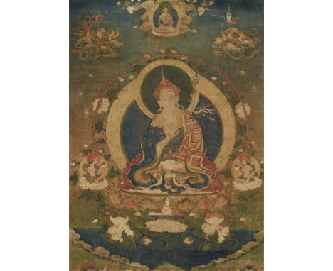   Fein gemaltes Thangka des Padmasambhava. Tibet. 18. Jh.  Der legendäre Begründer des Buddhismus in Tibet sitzt als Guru Rin