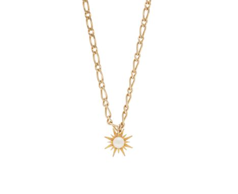  An 18 carat gold and cultured pearl pendant, the star shaped pendant set to centre with a cultured pearl suspended from a fl