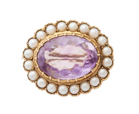 A collection of jewellery, comprised of an amethyst and seed pearl brooch, the oval mixed-cut amethyst within a 9 carat gold 