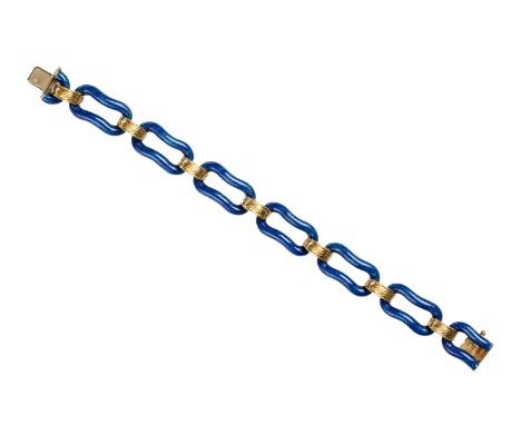 An 18 carat gold and enamel bracelet, composed of alternating oval blue enamel openwork and convex 18 carat gold textured lin