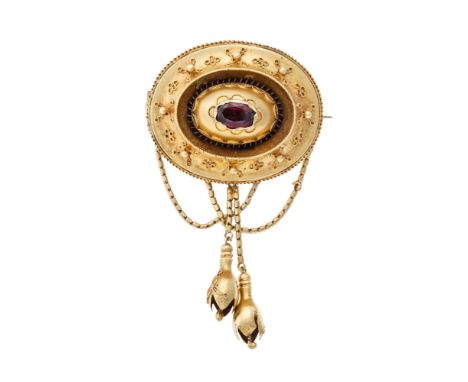 A collection of 19th Century brooches and pendants, comprised of a yellow metal and black enamel pendant with oval platted ha