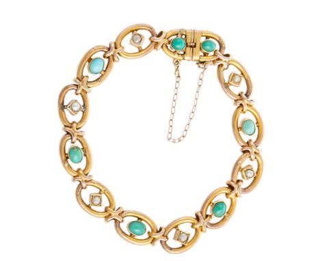 A Victorian turquoise and seed pearl bracelet, composed of oval-shaped yellow metal links each set to centre with alternating