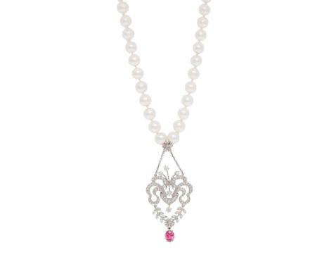 A cultured pearl, diamond and pink tourmaline pendant, composed of a single-row of cultured pearls measuring approx. 8mm susp