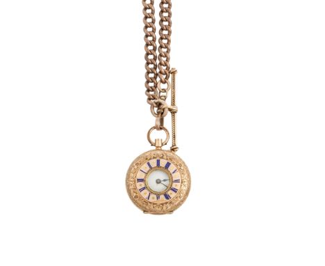 A 14 carat gold full hunter pocket watch, the white circular dial with black Roman numerals, the case chased with overall flo