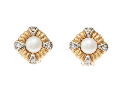 A pair of cultured pearl, and 18 carat gold earrings, each set to centre with a cultured pearl approx. 6mm diameter, to a bi-