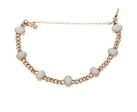 An opal and 15 carat gold curb-link bracelet, composed of a series of oval cabochon opals each within a collet-setting, lengt