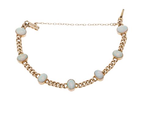 An opal and 15 carat gold curb-link bracelet, composed of a series of oval cabochon opals each within a collet-setting, lengt