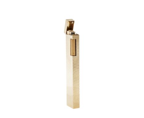 A 9 carat gold plated gas cigarette lighter by Dunhill, the rectangular lighter with overall diamond textured design, with hi